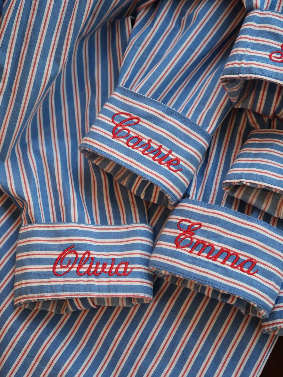 Striped button-down cuffs embroidered with bridesmaid names